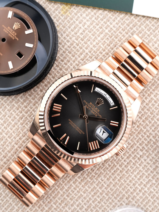 Rolex Day-Date 40 mm Ref. 228235 Everose-Gold schiefergrauen Ombré-Zifferblatt („Oscar Dial“) arabischen Tages- und Datumsscheiben