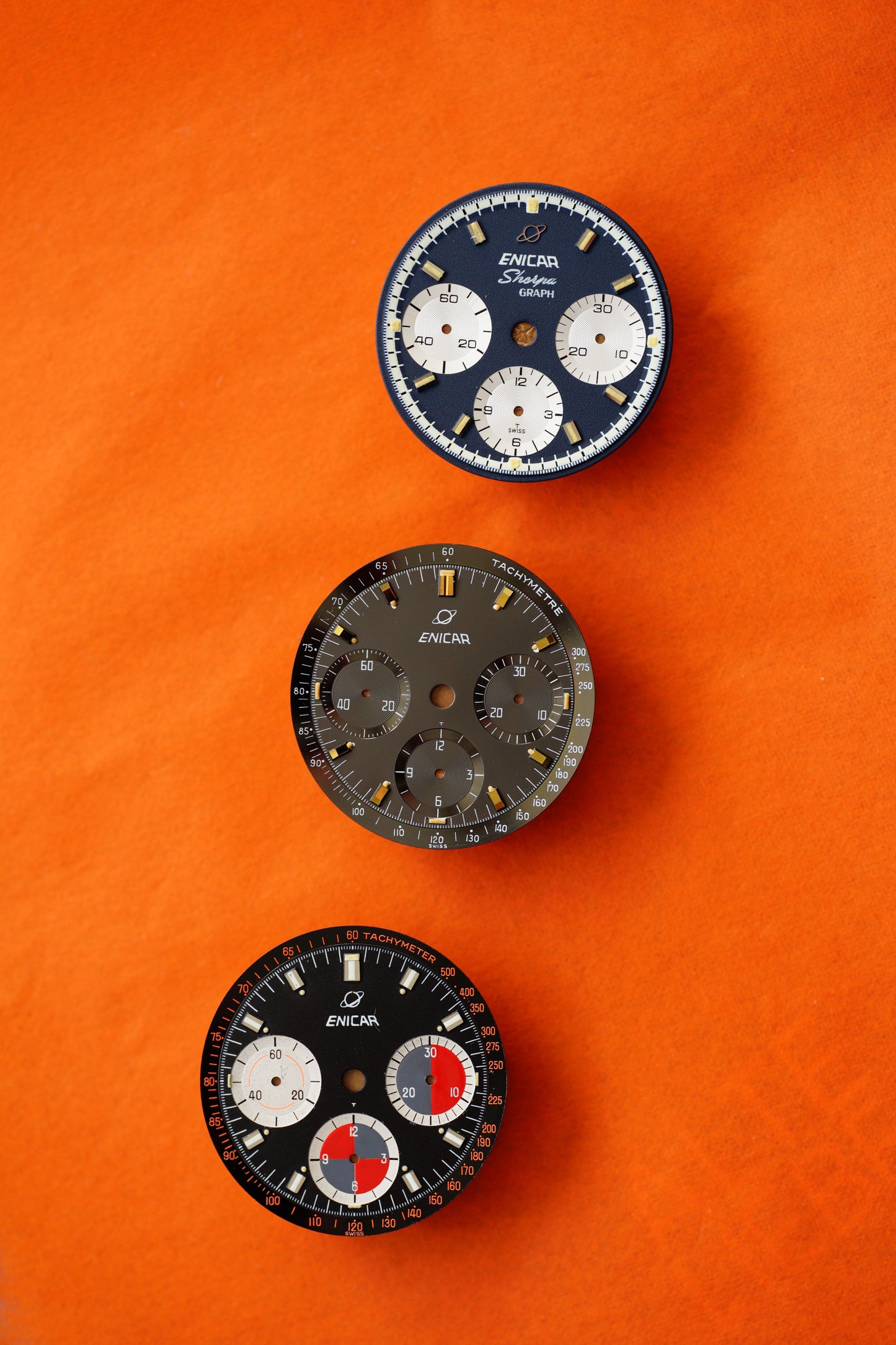 Enicar NOS Zifferblatt blau für Sherpagraph Chronograph Tritium