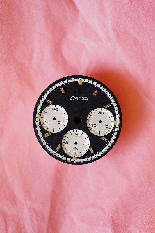 Enicar NOS black dial for vintage chronograph models with tritium lume