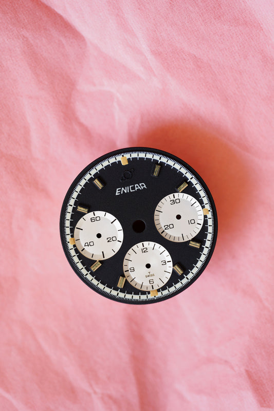 Enicar NOS black dial for vintage chronograph models with tritium lume