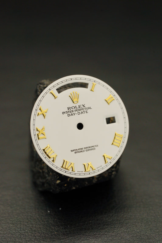 Rolex NOS "White Roman" Zifferblatt für Day-Date 36 mm 18038 | 18238 | 118238 Samt NOS "No Lume" Zeigersatz