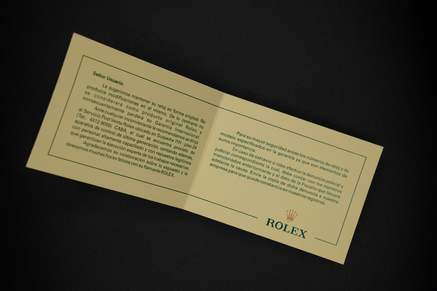 Rolex "Recomendaciones Importantes" Booklet Rolex Argentina S.A.