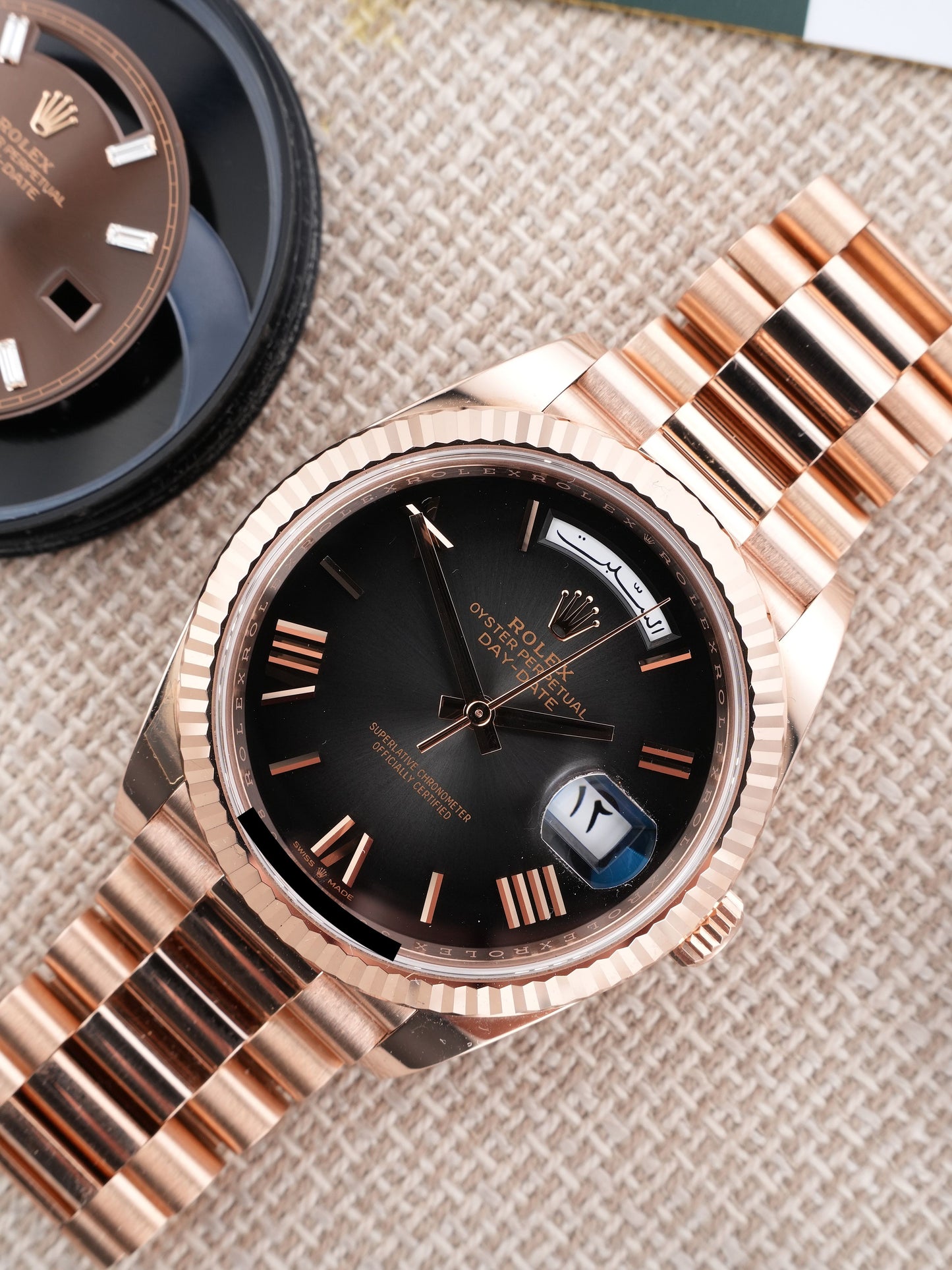 Rolex Day-Date 40 mm Ref. 228235 Everose gold gray ombré dial (“Oscar Dial”) and Arabic day & date discs