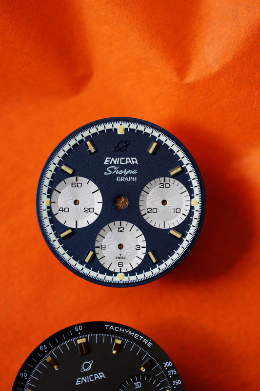 Enicar NOS blue dial for Sherpagraph Chronograph with tritium lume