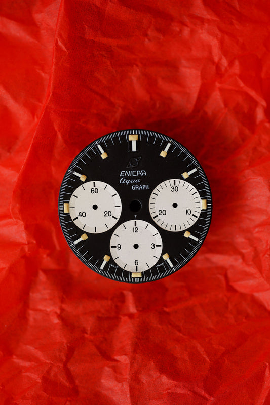 Enicar NOS Aqua Graph Zifferblatt schwarz für Vintage Chronograph Tritium