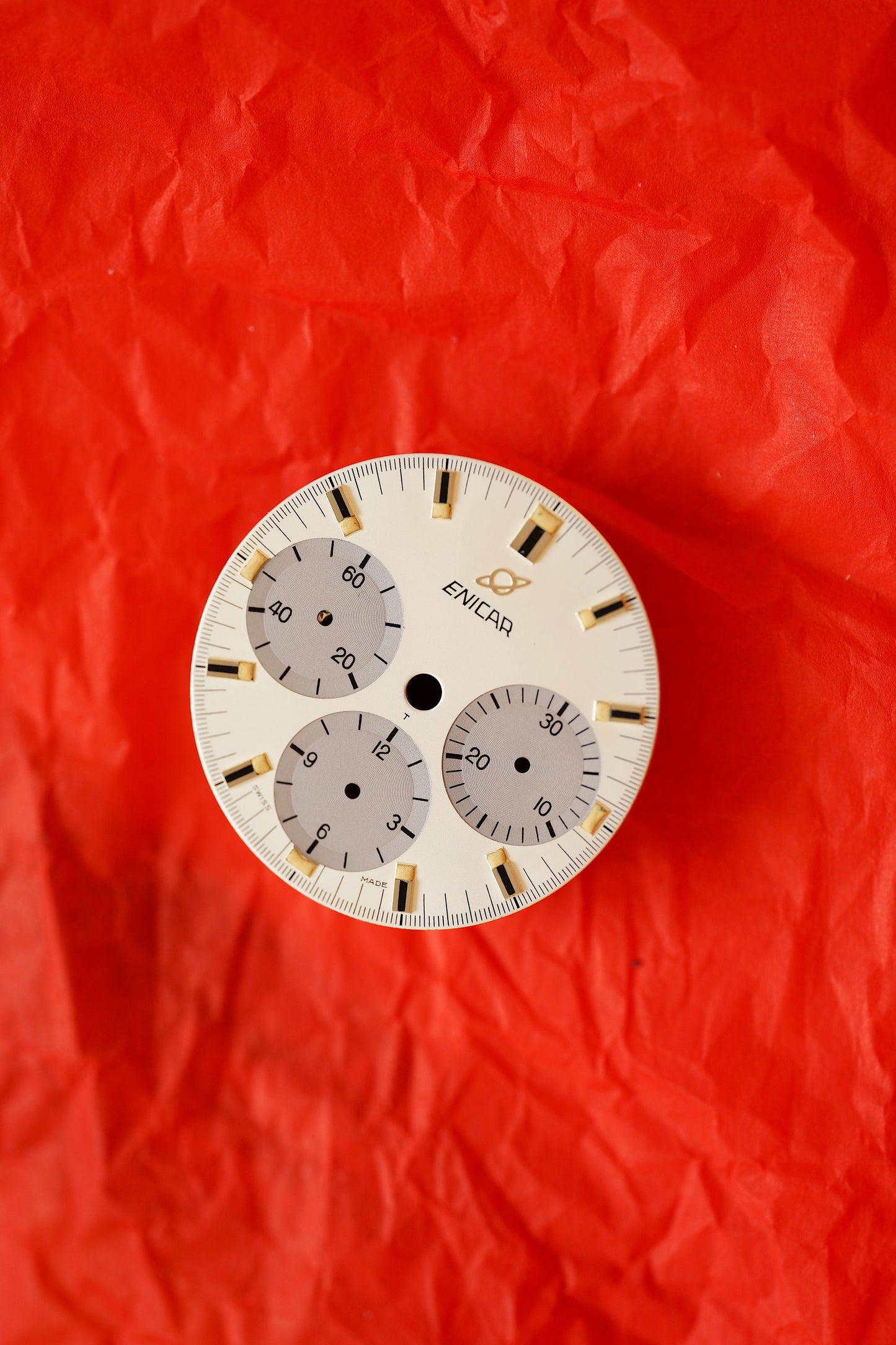 Enicar NOS Zifferblatt silber für Vintage Chronograph Tritium