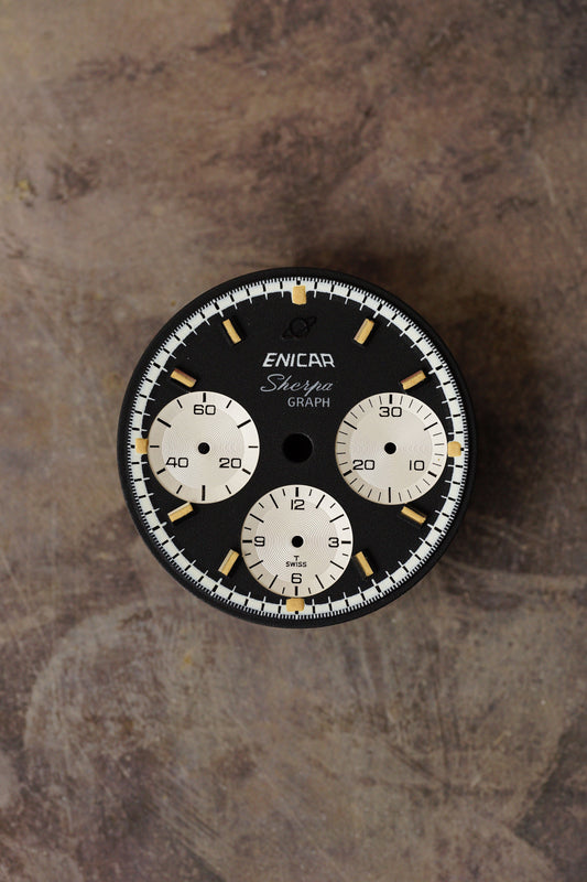Enicar NOS black dial for vintage chronograph models with tritium lume