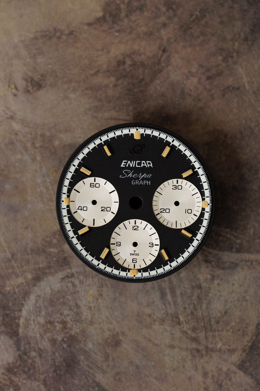 Enicar NOS black dial for vintage chronograph models with tritium lume